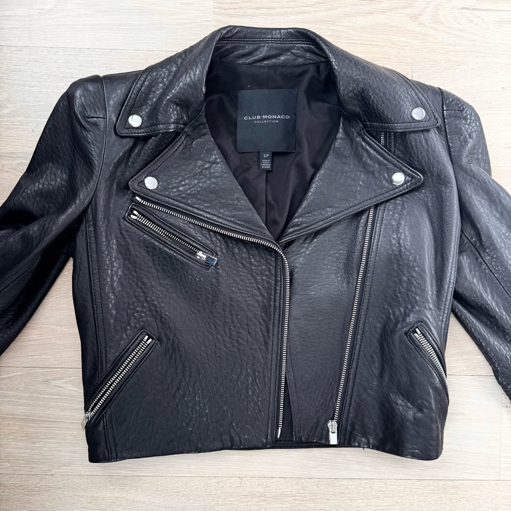 Club Monaco Collection Cropped Leather Biker Moto Jacket - Size Small - Picture 5 of 9